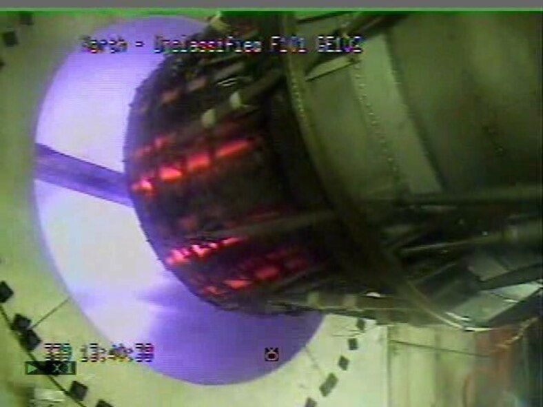 A General Electric F101 engine, the power plant for the B-1B Lancer Bomber, underwent testing in Arnold Engineering Development Center’s aero-propulsion J-1 test cell at intermediate and maximum thrust power conditions. The recent successful altitude testing of the engine was the first augmentor performance and operability checks done to meet mission requirements over a full envelope of altitude and Mach numbers. An augmentor, otherwise know as an afterburner, increases basic engine thrust by spraying and burning additional fuel in the engine exhaust before accelerating it through the tailpipe.