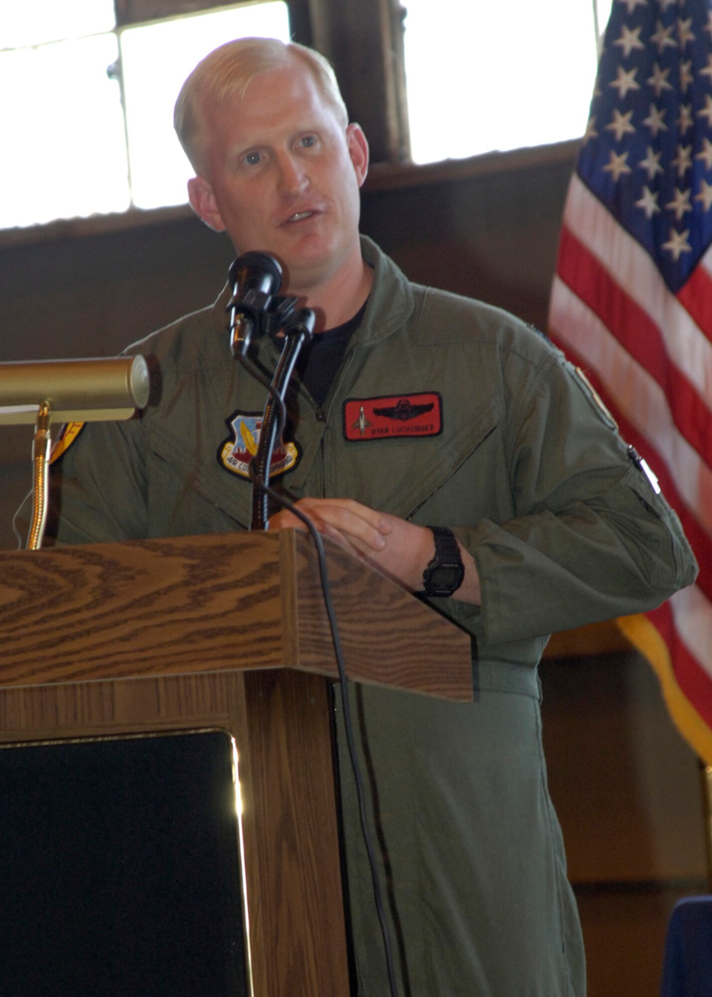 Lt. Col. Ryan S. Luchsinger addresses the crowd at the 82nd Aerial Target Squadron change of command ceremony March 21, 2008, at Holloman Air Force Base, N.M. (U.S. Air Force photo/Airman 1st Class Michael J. Means )