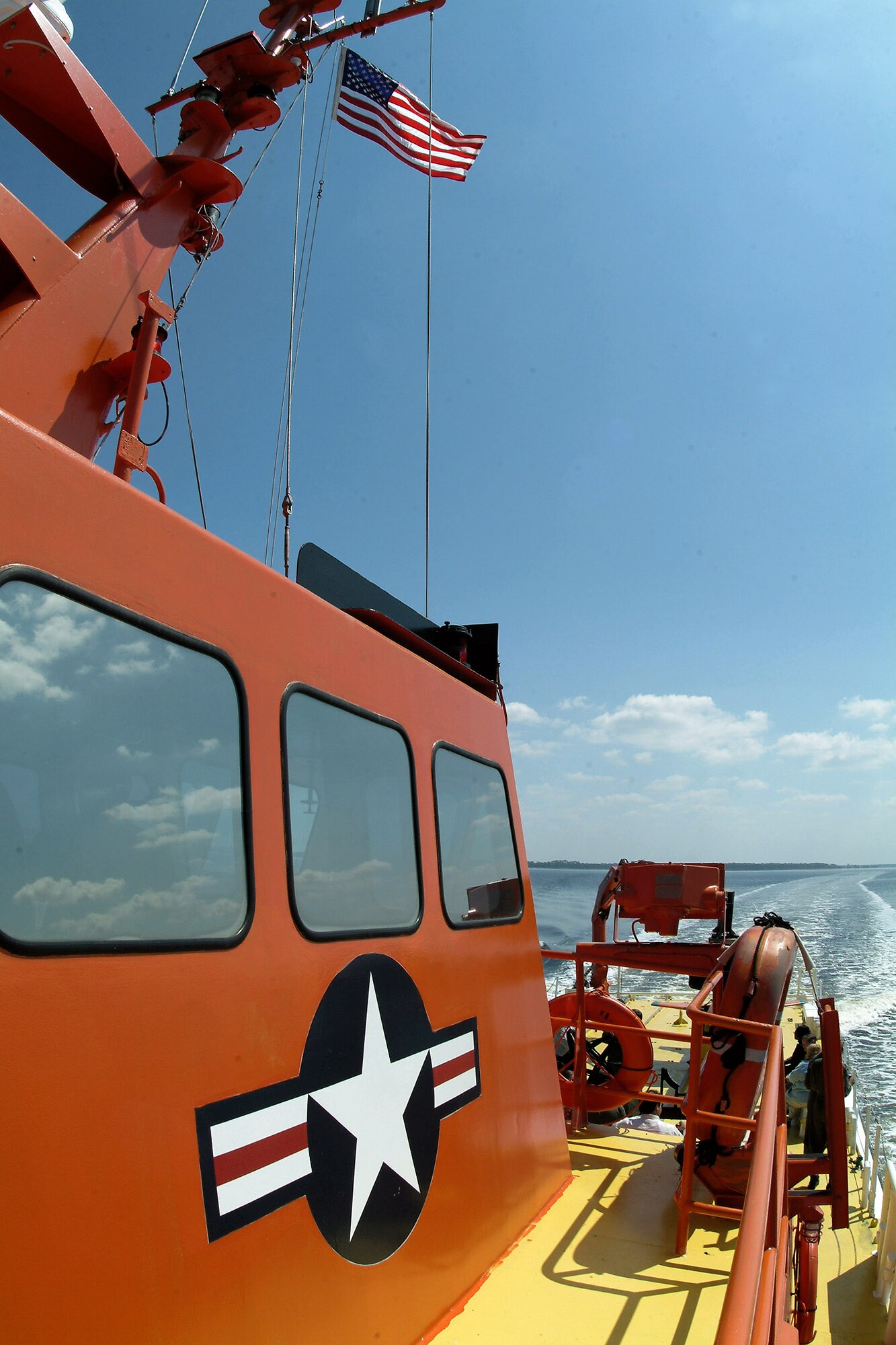 The 120-foot Air Force-owned missile retriever cruises through the Gulf of Mexico back to the docks March 26 at Tyndall Air Force Base, Fla. The ship is one of a small fleet used to recover sub-scale drones such as the BQM-167 after live fire exercises over the gulf. The ships recover approximately 100 of the $500,000 drones each year. The contracted fleet is part of the 82nd Aerial Targets Squadron. (U.S. Air Force photo/Staff Sgt. Samuel King Jr.) 