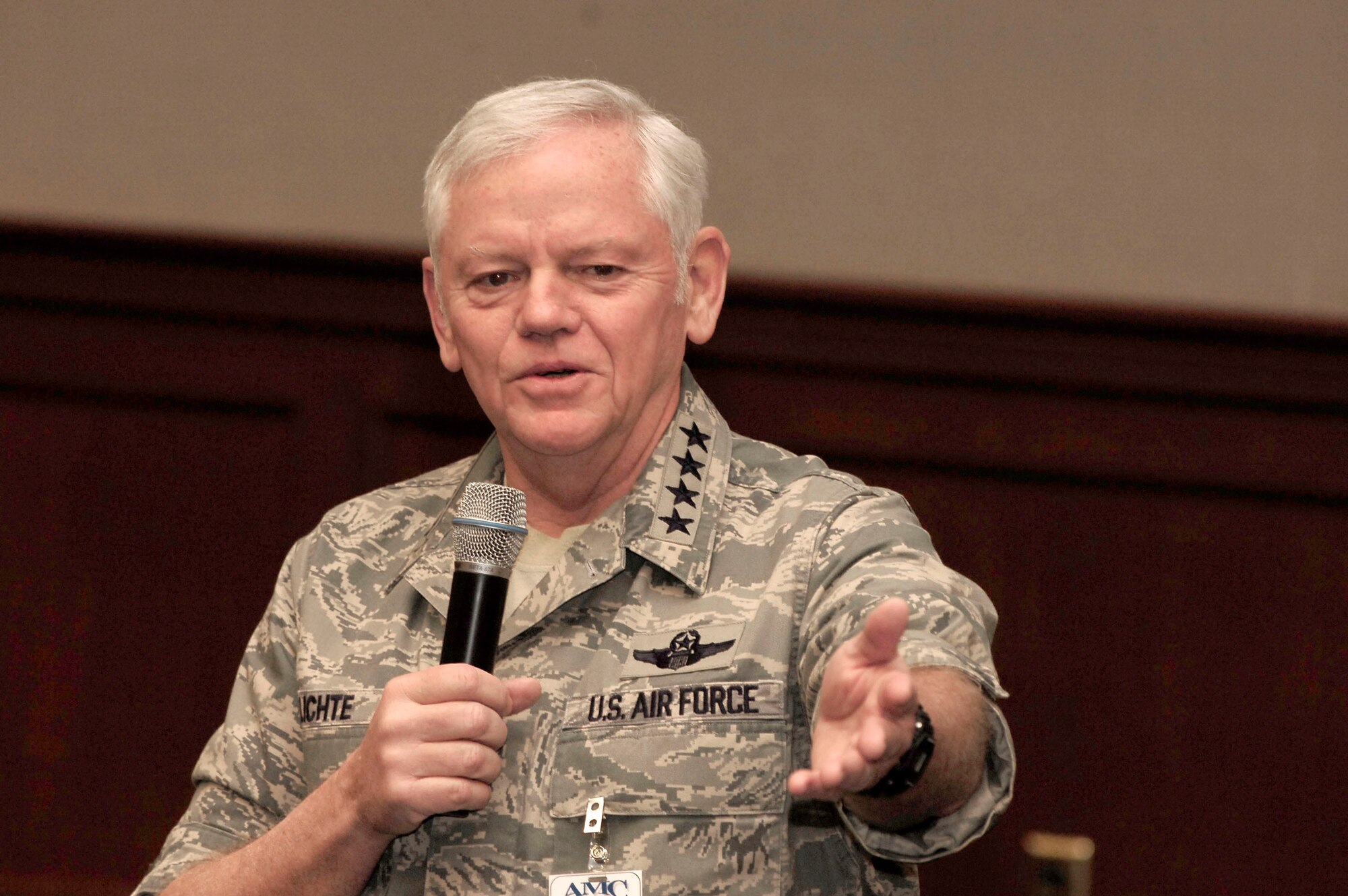 Gen. Arthur J. Lichte speaks to Air Force leaders during the 2008 Phoenix Rally conference March 21 at MacDill Air Force Base, Fla. The purpose of the conference was to shape the Air Mobility Command, display the legacy of global reach and hope, and to commemorate the 60th anniversary of the Berlin Airlift. General Lichte is the AMC commander. (U.S. Air Force photo/Senior Airman Bradley Lail) 