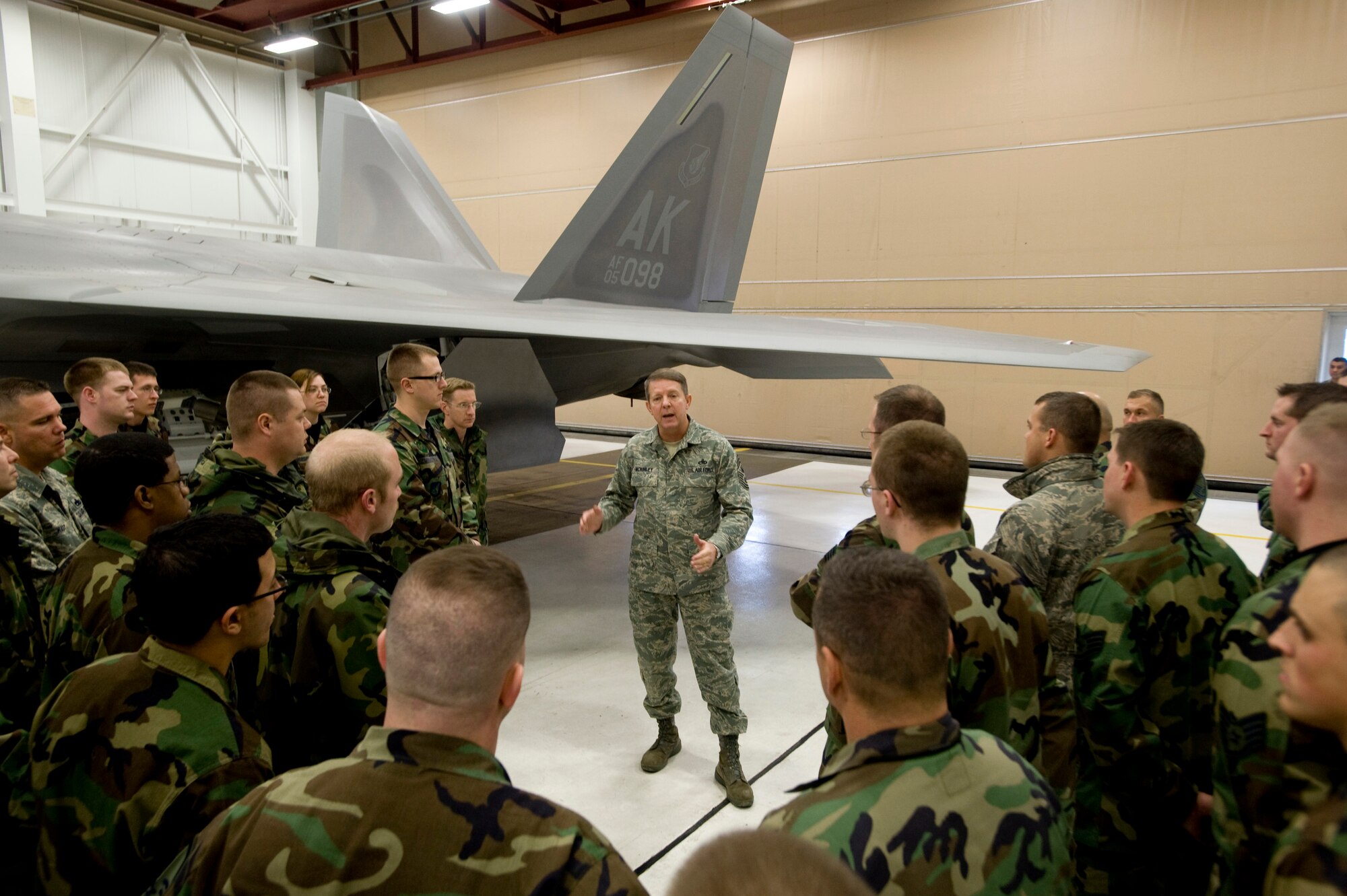 ELMENDORF AIR FORCE BASE, Alaska -- Chief Master Sergeant of the Air Force Rodney McKinley speaks to Airmen, who work at 90th Aircraft maintenance Unit, about questions about what is new in the Air Force here March 27. Chief McKinley has been on a tour to meet Airmen around the Pacific Air Forces. (U.S. Air Force photo by Airman 1st Class Jonathan Steffen) 