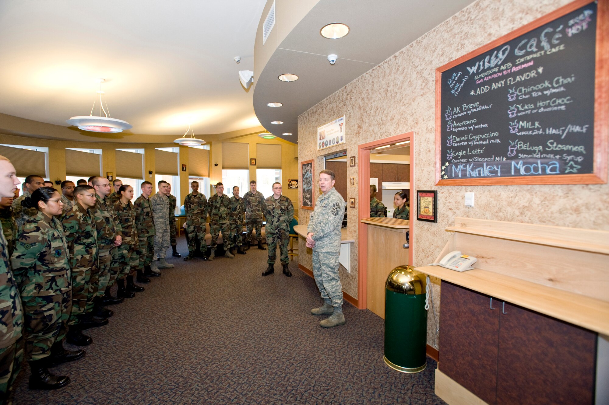ELMENDORF AIR FORCE BASE, Alaska -- Chief Master Sergeant of the Air Force Rodney McKinley speaks to Airmen, who live in dorms, and answers questions about what is new in the Air Force here at Wired Cafe March 27. Chief McKinley has been on a tour to meet Airmen around the Pacific Air Forces. (U.S. Air Force photo by Airman 1st Class Jonathan Steffen) 