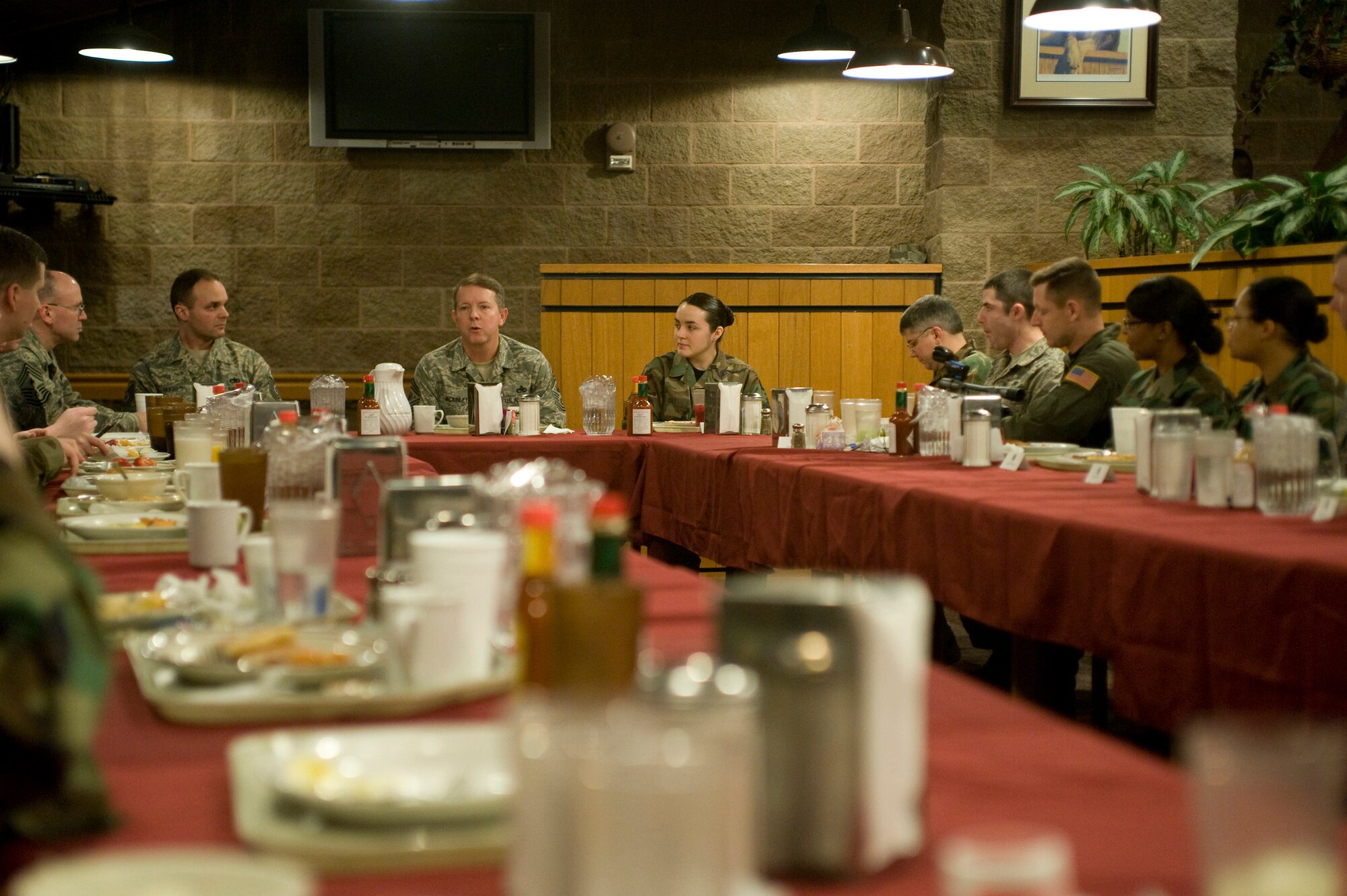 ELMENDORF AIR FORCE BASE, Alaska -- Chief Master Sergeant of the Air Force Rodney McKinley has breakfast with Airmen and answers their questions about what is new in the Air Force. Chief McKinley visited here March 27 and has been on a tour to meet Airmen around the Pacific Air Forces. (U.S. Air Force photo by Airman 1st Class Jonathan Steffen) 
