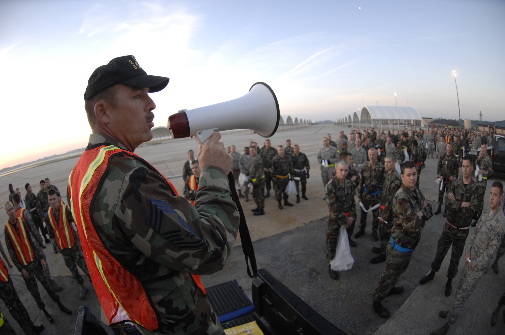 MOODY AIR FORCE BASE, Ga. – Chief Master Sgt. Darryl Gagne, 23rd Maintenance Group chief of quality assurance, briefs Airmen before a foreign object debris walk here March 28.  The FOD walk is looking for small objects that could damage an aircraft. (U.S. Air Force photo by Senior Airman Angelita Lawrence)