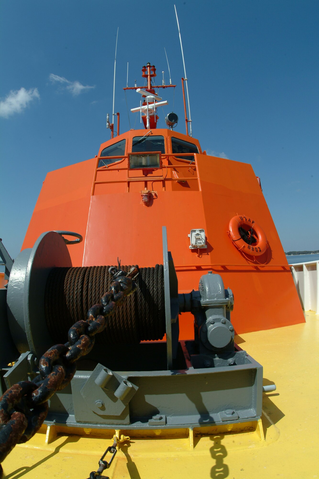 A view from the front of one of the Air Force's only boats, located at Tyndall Air Force Base, Fla.  The ship is one of a small fleet used to recover sub-scale drones such as the BQM-167 after live fire exercises over the gulf.  The ships recover approximately 100 of the $500,000 drones each year.  The contracted fleet from Florida Offshore is part of the 82nd Aerial Targets Squadron.  Photo by Staff Sgt. Samuel King Jr.