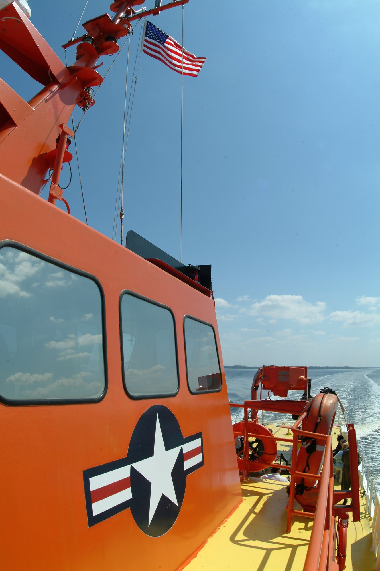 The 120-ft Air Force-owned missile retriever cruises through the Gulf of Mexico back to the docks March 26 at Tyndall Air Force Base, Fla.  The ship is one of a small fleet used to recover sub-scale drones such as the BQM-167 after live fire exercises over the gulf.  The ships recover approximately 100 of the $500,000 drones each year.  The contracted fleet from Florida Offshore is part of the 82nd Aerial Targets Squadron.  Photo by Staff Sgt. Samuel King Jr.