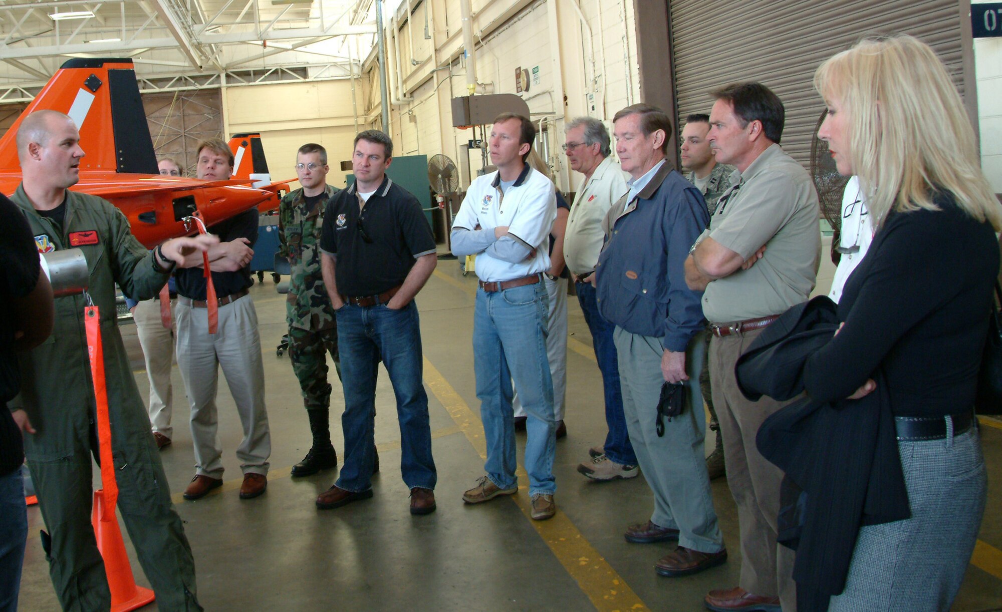 Maj. Kevin Brackin, 82nd Aerial Targets Squadron, briefs the 53d Wing honorary commanders on the specifics of the BQM-167 sub-scale drone during a tour of the 53d Weapons Evaluation Group facilities March 26 at Tyndall Air Force Base Fla.  Photo by Staff Sgt. Samuel King Jr.