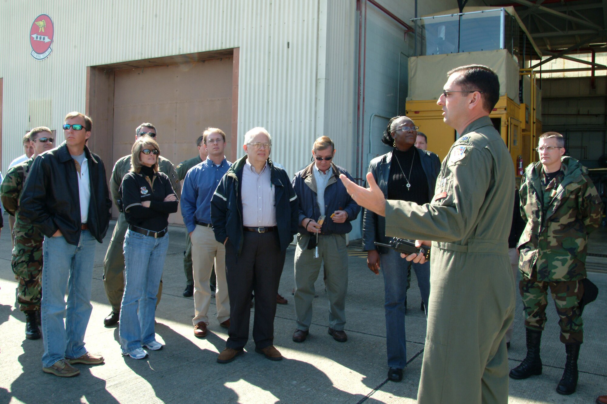 Lt. Col. Ron Miller, 82nd Aerial Targets Squadron, briefs the 53d Wing honorary commanders and others on the QF-4s and their abilities during a tour of the 53d Weapons Evaluation Group facilities at Tyndall Air Force Base Fla., March 26.  Photo by Master Sgt. Andrew Leonhard.