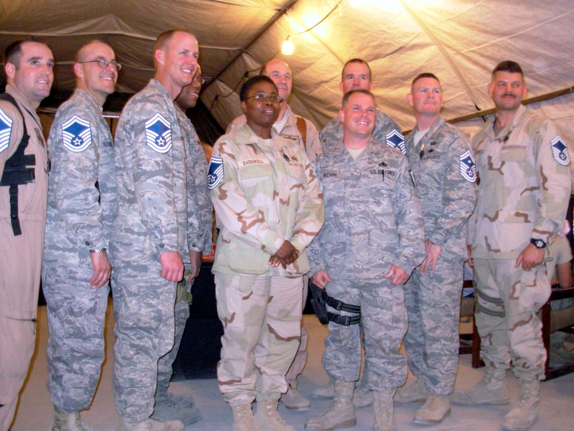 BAGRAM AIR BASE, Afghanistan – Senior master sergeant selects celebrate their achievement during a senior promotion recognition ceremony here. Master Sgt. Shayne Murphy (far right) is deployed from the 52nd Aircraft Maintenance Squadron at Spangdahlem Air Base, Germany. (U.S. Air Force photo)