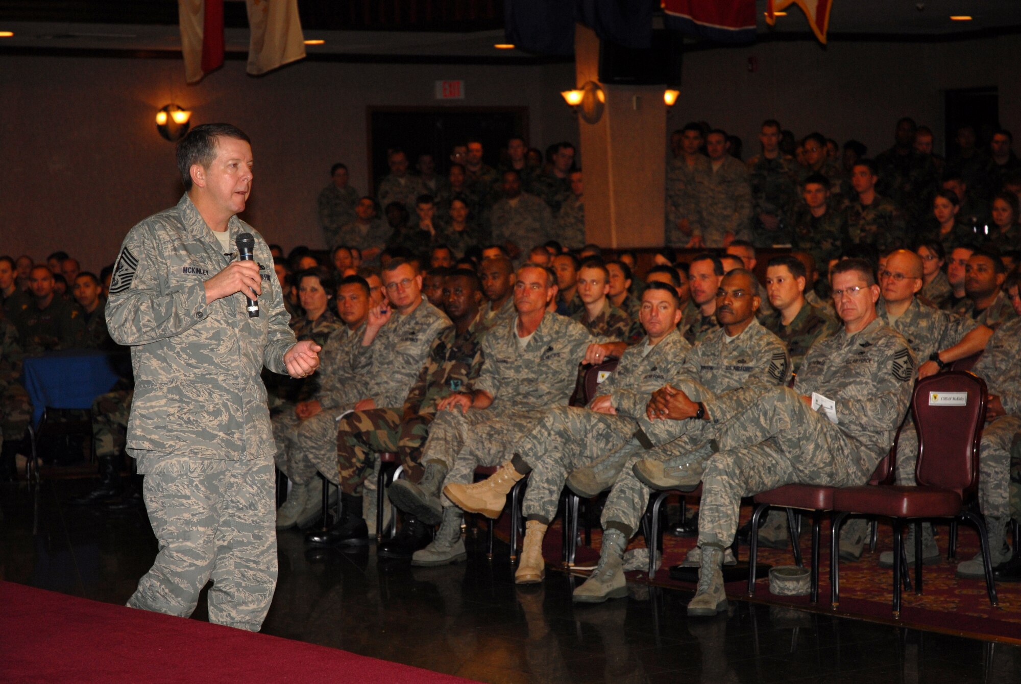 Chief Master Sgt. of the Air Force Rodney McKinley speaks to Airmen during an enlisted call March 21 at the Rocker NCO Club. Chief McKinley met with base leadership and visited Airmen throughout the base.
(U.S. Air Force photo/Staff Sgt. Chrissy Fitzgerald) 