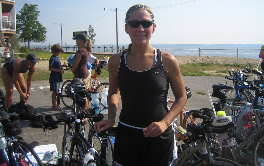 Senior Master Sgt. Jennifer Burg pauses after a hard day’s work at the Colonial Beach (Va.) Triathlon (International Distance) July 15, 2007, which she completed in 2 hours, 37 minutes, 30 seconds, her best time to date at the International Distance. (Photo courtesy of Senior Master Sgt. Jennifer Burg.)