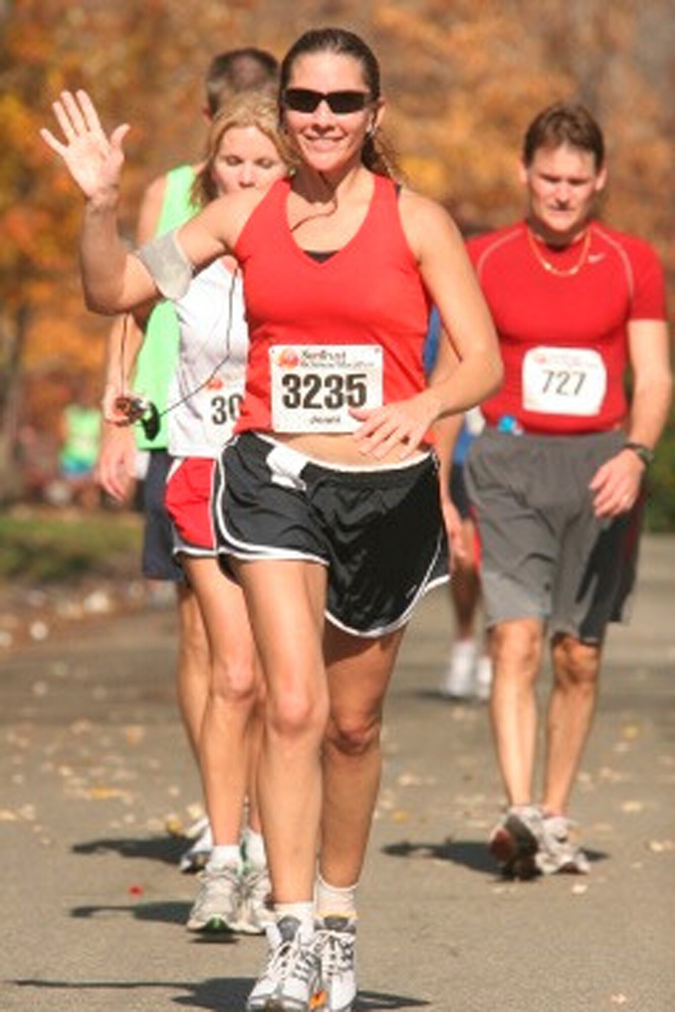 Senior Master Sgt. Jennifer Burg enjoys a "relaxing" moment at the Nov. 11, 2006 Richmond (Va.) Marathon, where she broke the 4-hour barrier and placed 34th of 200 in her 35-39 age group. (Photo courtesy of Senior Master Sgt. Jennifer Burg.)