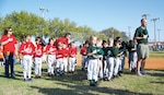 The Randolph Youth Center opened its spring t-ball, softball and baseball season with the national anthem at Ebbets Field Monday. More than 150 Randolph youth participated in the ceremony. (Photo by Maggie Armstrong)