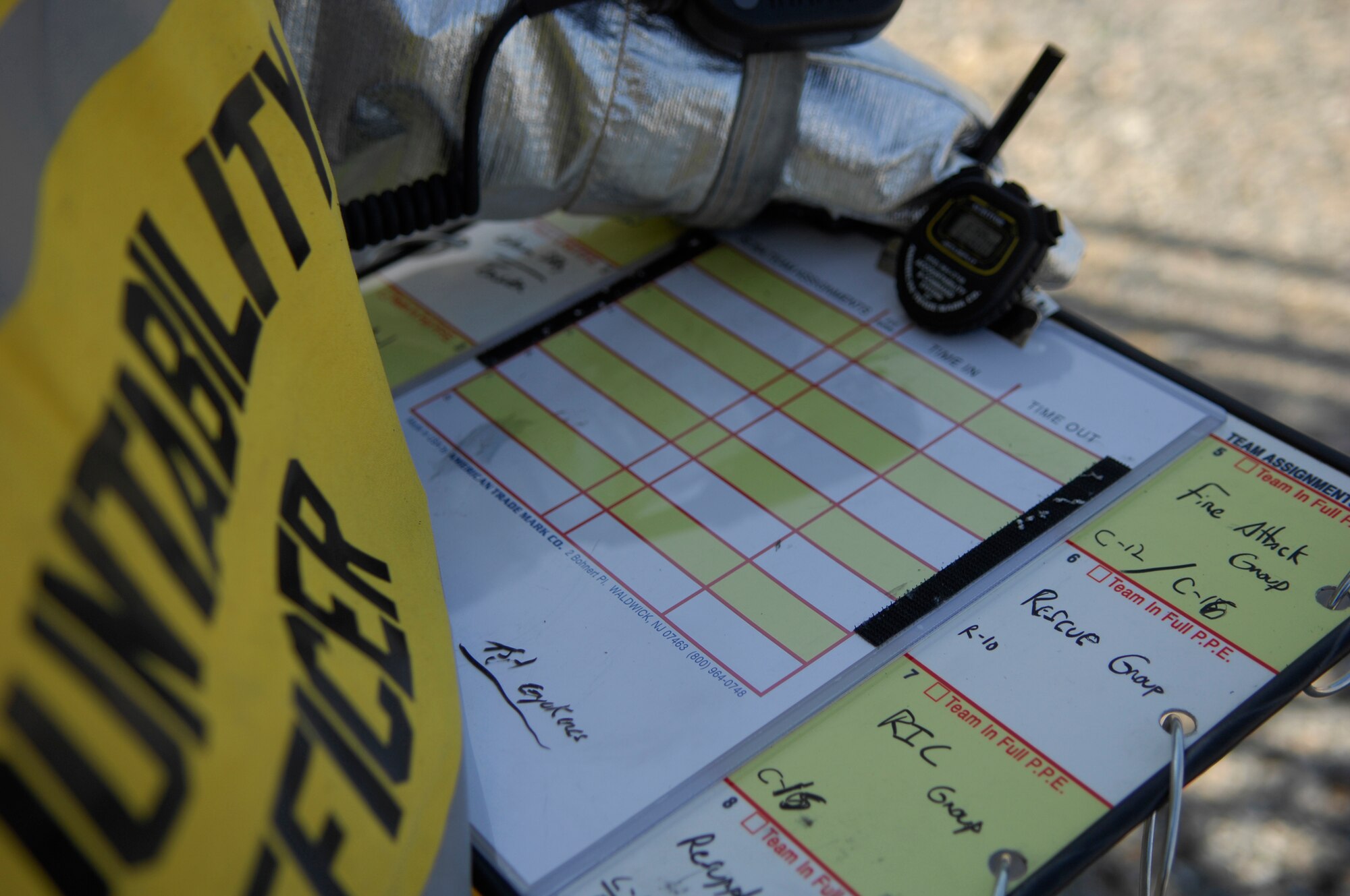 MOODY AIR FORCE BASE, Ga. -- A fire accountability officer prepares to monitor a 23rd Civil Engineering Squadron Emergency Services Flight training exercise at Moody's aircraft burn pit April 25.  Accountability officers are responsible for ensuring the same number of people who enter a fire scene make it out safely. (U.S. Air Force photo by Tech. Sgt. Parker Gyokeres) 