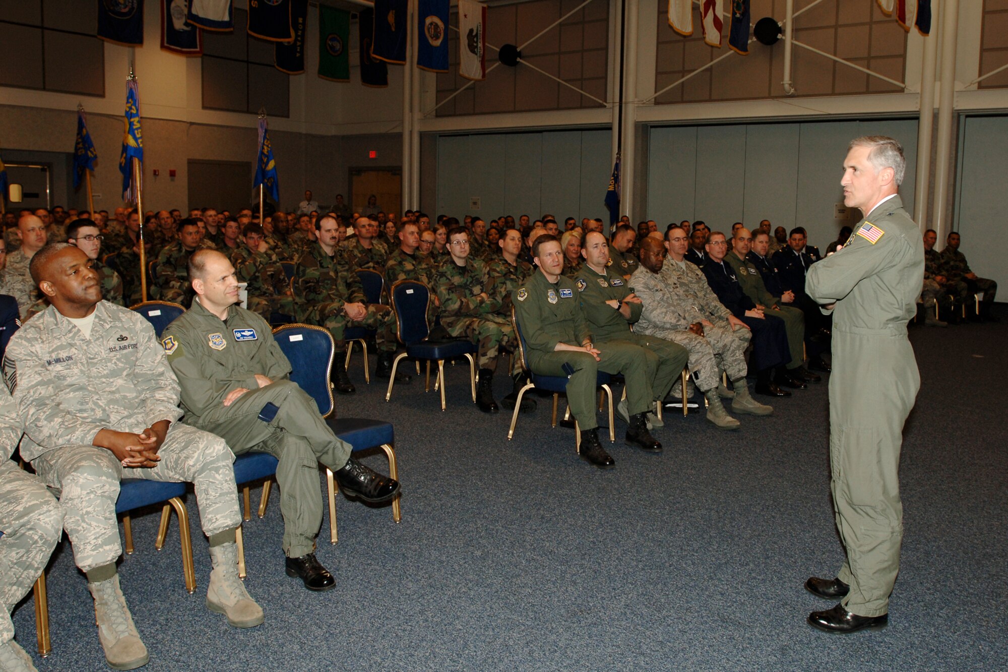 MCCONNELL AIR FORCE BASE, Kan. -- Maj. Gen. James Hawkins, 18th Air Force commander, speaks to Team McConnell members, during a monthly promotion ceremony, April 30. Promotion ceremonies recognize individuals who have obtained the next level of rank in their career. (Photo by Senior Airman Jamie Train)