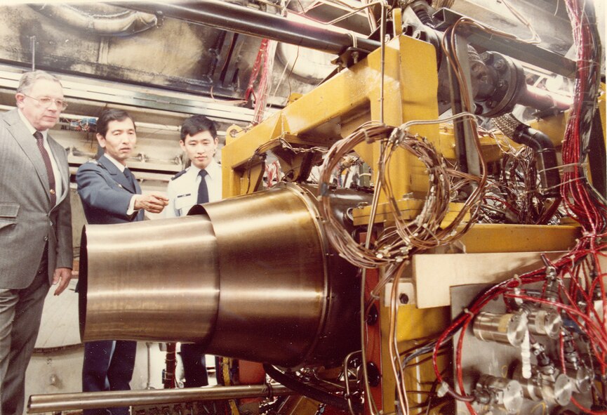 Pictured here in 1983, from left, are Bob Ansley, Col. Matsumiya and Lt. Geoffrey Lum, Arnold Engineering Development Center's project manager, examine the XF-3 engine prior to a test run in AEDC’s T-1 jet engine test cell. Colonel Matsumiya was the Japanese Air Self Defense Force project manager for the second phase of the first test series. (File photo)