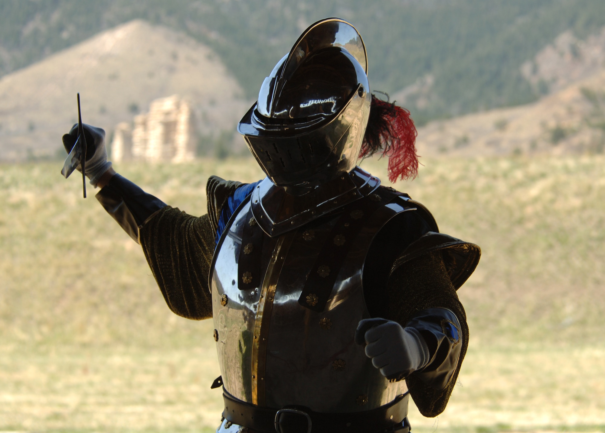 Suited up in full armor, the 21st Space Wing knight mascot, Staff Sgt. Micky Sederburg prepares his team for battle during the Guardian Challenge Marksmanship Competition April 30 at the U.S. Air Force Academy range in Colorado. Security forces competed in Jacks Valley to find out who is the best of the best. Sergeant Sederburg is a space tactician with the 21st Operations Support Squadron. (U.S. Air Force photo/Master Sgt. Matt Gilreath)