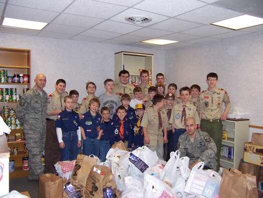 Recently, several Boy Scouts from Troop 319 and Cub Scouts from Pack 319 on Grand Forks Air Force Base participated in the 20th annual “Scouting for Food” event, a national program that collects nonperishable food donations for base and local food pantries. (U.S. Air Force courtesy photo)
