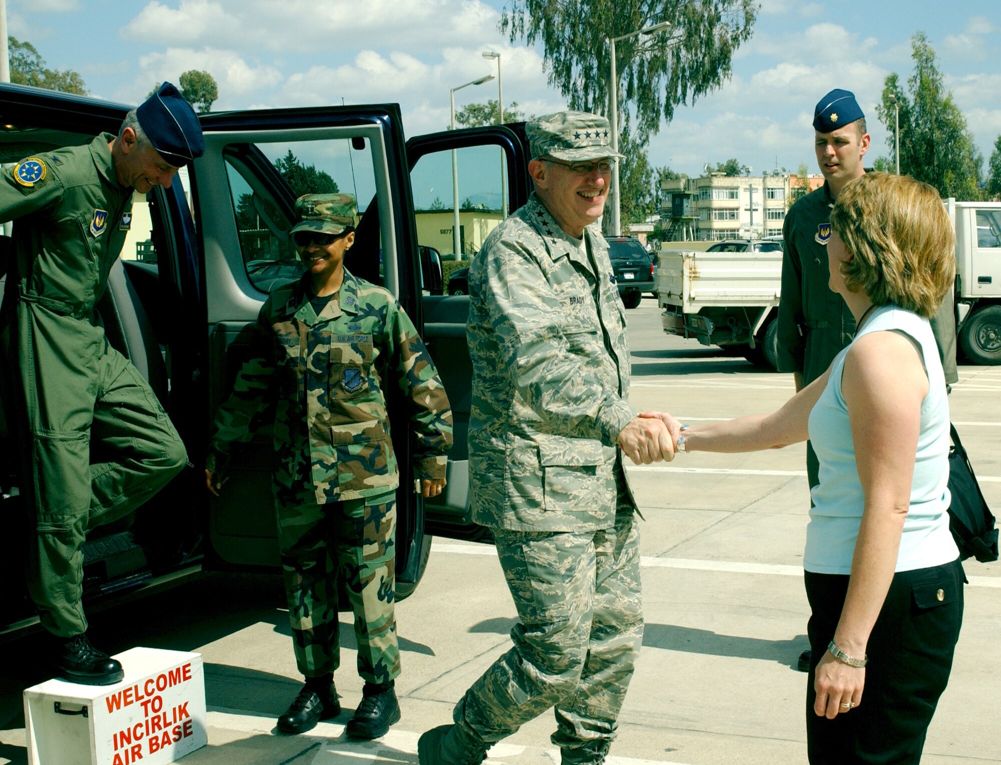 Gen. Roger Brady, United States Air Forces in Europe commander, is greeted by Eloise McDaniel, wife of Col. Phil McDaniel, 39th Air Base Wing commander, upon arrival at the Incirlik Consolidated Club for a spouse and civilian meeting April 28. General Brady visited Incirlik April 28-29. (U.S. Air Force photo by Senior Airman Heather Stanton)