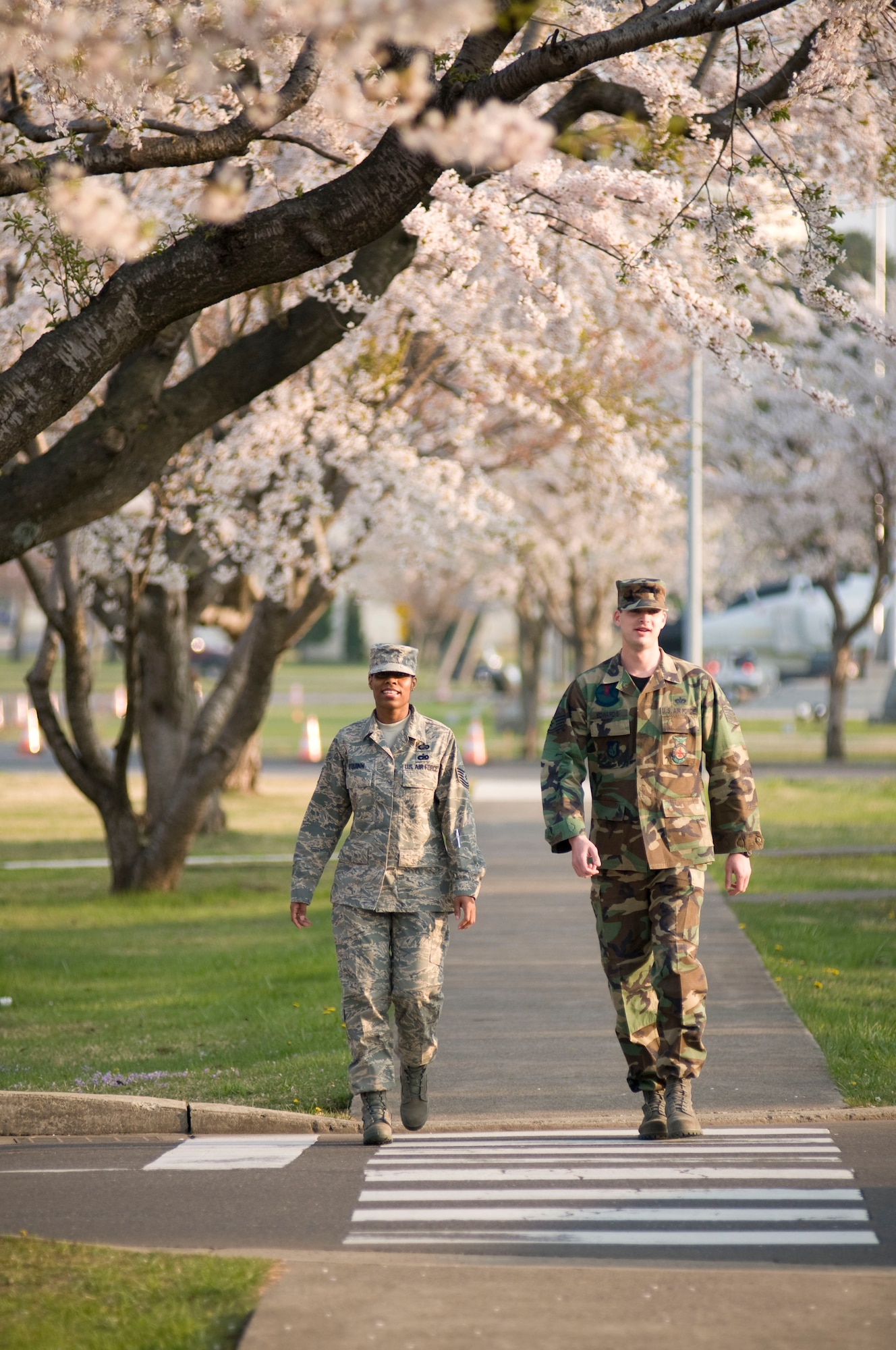 MISAWA AIR BASE, Japan -- Tech. Sgt. Jennifer O'Quinn, 35th Fighter Wing Plans and Programs manager, and Staff Sgt. Robert Edwards, 35th Civil Engineer Squadron Fire Emergency Services, walk down a sidewalk on April 29, 2008. The blooming of cherry blossoms and comfortable weather encourage Airmen to get outside and enjoy Japan each spring. (U.S. Air Force Photograph by Senior Airman Samuel Morse)