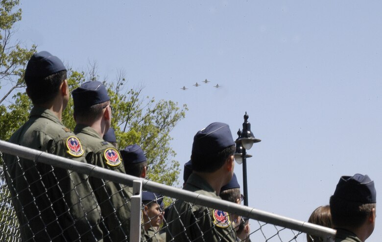 A T-38C Missing Man Formation flew overhead Tuesday to end the ceremony. The formation is said to be the most magnificent and solemn aerial maneuver ever seen. (U.S. Air Force photo by Airman 1st Class Danielle Hill)
