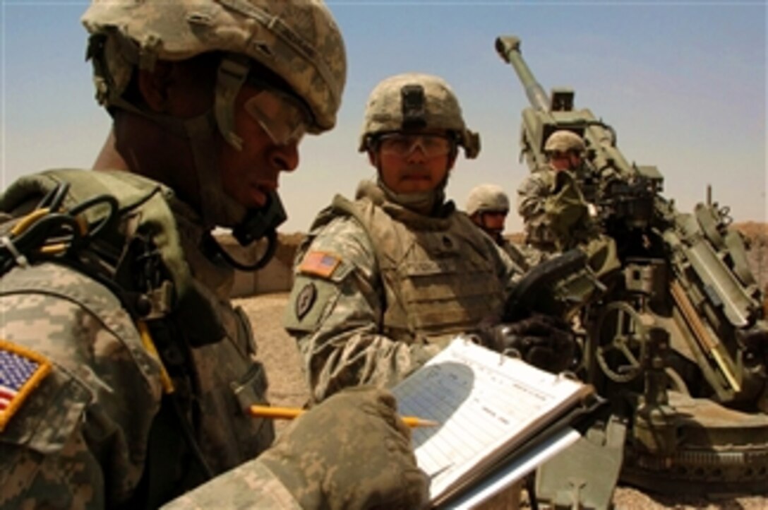 U.S. Army Staff Sgt. Edisson Vargas prepares his soldiers to fire an Excalibur round for the first time on Camp Taji, northwest of Baghdad, April 26, 2008. The Excalibur is a specialized round guided by a global positioning system. The soldiers are assigned to the 25th Infantry Division's 2nd Stryker Brigade Combat Team, 11th Field Artillery Regiment.

