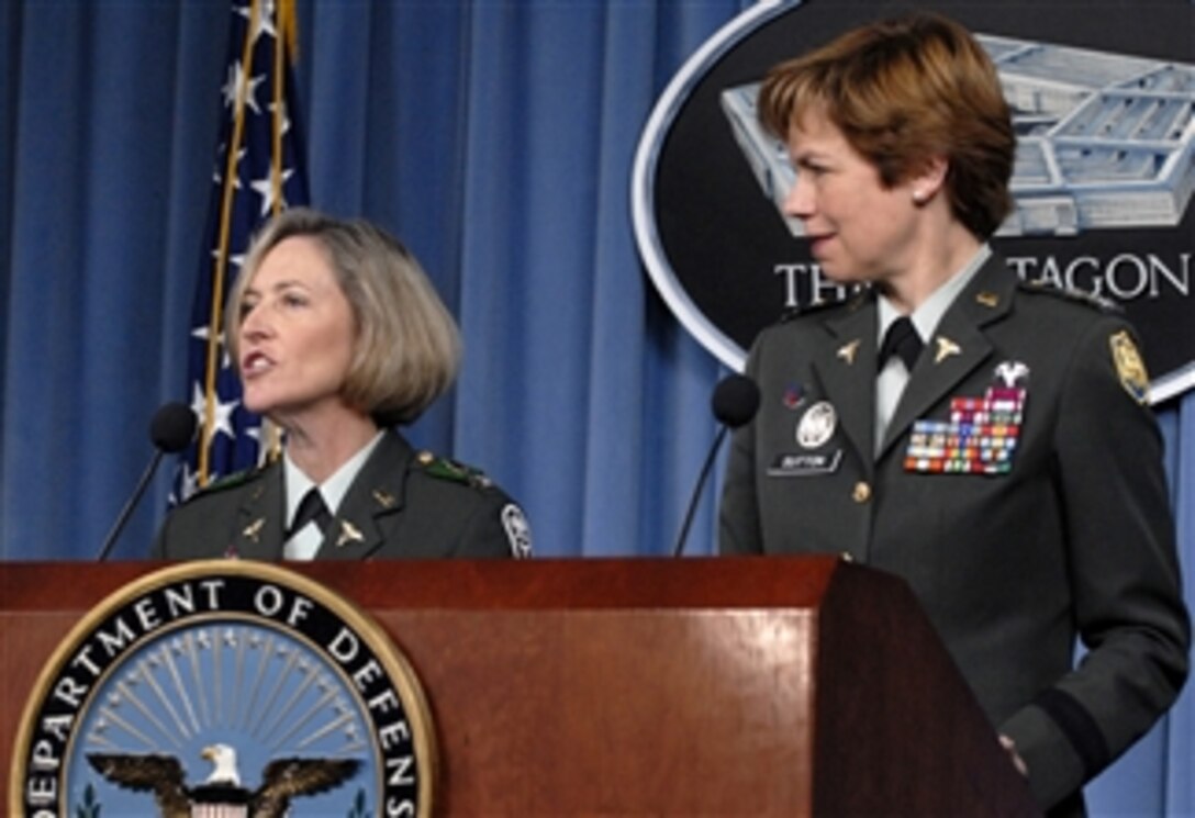 Commander, Walter Reed Health Care System Col. Patricia Horoho (left), U.S. Army, answers a reporter's question during a press conference with Special Assistant to the Assistant Secretary of Defense for Health Affairs Col. Loree Sutton in the Pentagon on May 1, 2008.  Horoho and Sutton briefed reporters on new guidelines for soldiers with mental-health issues.  