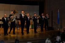 Members of Brass in Blue, an ensemble of the U.S. Air Force Heartland of America Band, perform at the Minot High School Magic City Campus April 25. The concert was sponsored by Minot Daily News and Minot Public Schools. (U.S. Air Force photo by Maj. Elizabeth Ortiz)