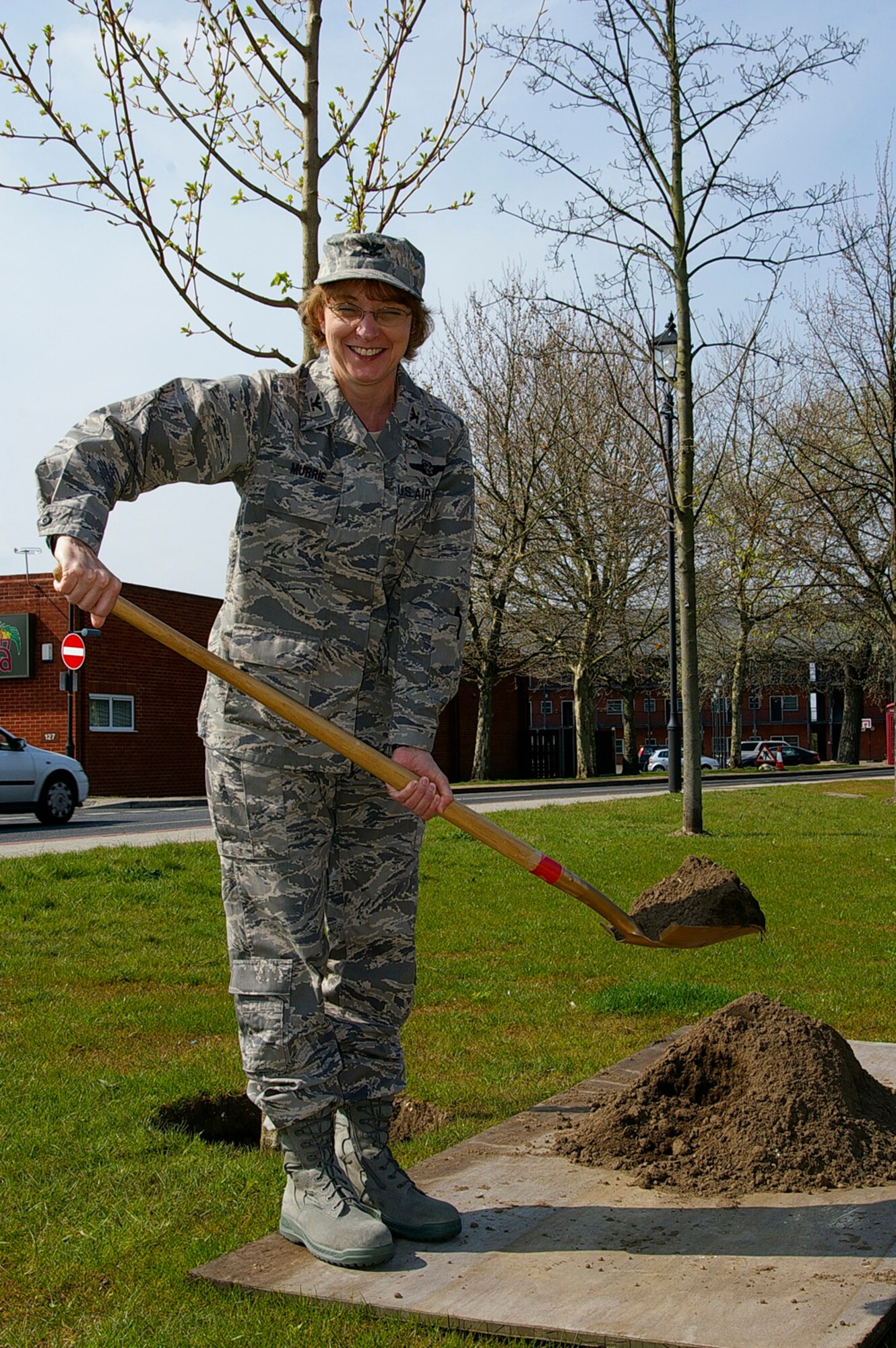 In recognition of Earth Week, Col. Eden Murrie, 100th Air Refueling Wing commander, participated in a ceremonial tree planting on Earth Day, April 22, near the Bob Hope Community Center. 

Col. Scott Brumbaugh, 100th ARW vice commander, Col. Jeffery Bateman, 100th Mission Support Squadron, and Lt. Col. Thomas Svoboda, 100th Civil Engineer Squadron commander, also followed suit and helped shovel soil to help plant the tree.

The tree, a field maple, was planted as part of Earth Week events, which also included a conservation project at West Stow Anglo Saxon village and nature reserve, clean-up and replanting at the RAF Mildenhall Child Development Center, and pond dipping for children from Lakenheath Elementary School. (U.S. Air Force photo by Karen Abeyasekere)