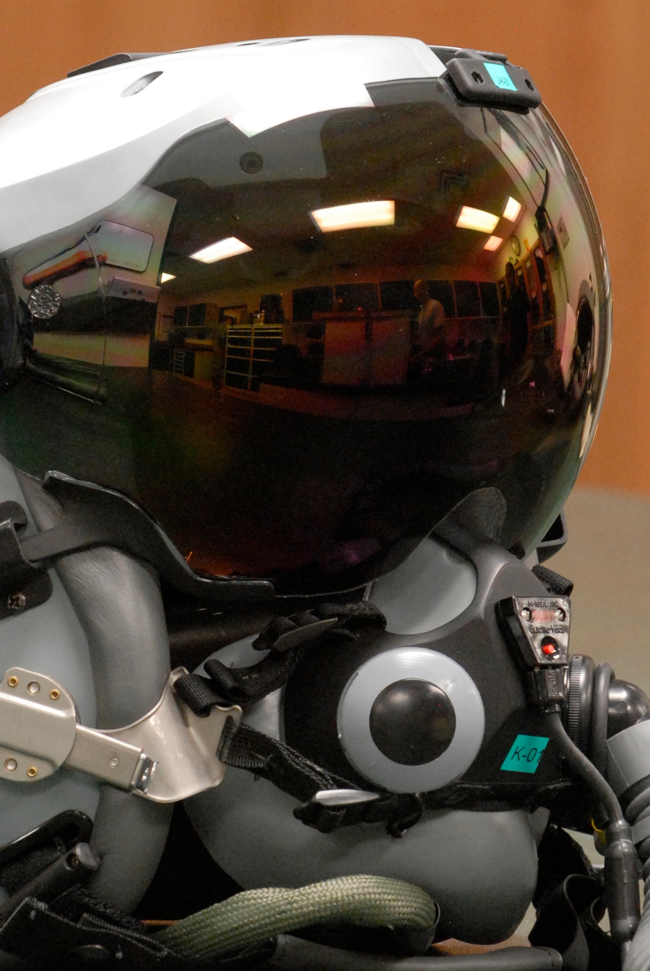 The Display Unit helmet is a new tool used by Luke pilots. The DU projects heads up display information on the pilots visor directly in front of the right eye. The DU has an approximate cost of $70k.  (U.S. Air Force photo/Staff Sergeant Christopher Hummel)