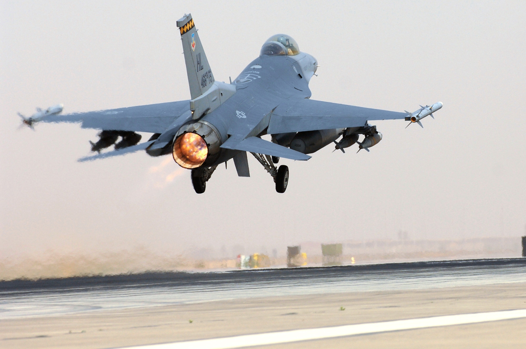 BALAD AIR BASE, Iraq -- Lt. Col. Michael Brill, a 421st Expeditionary Fighter Squadron pilot, takes off on a combat mission over Iraq here, May 2. Colonel Brill is the first person to fly 6,000 hours in an F-16 Fighting Falcon. Colonel Brill is deployed from Hill Air Force Base, Utah. (U.S. Air Force photo/ Senior Airman Julianne Showalter)
