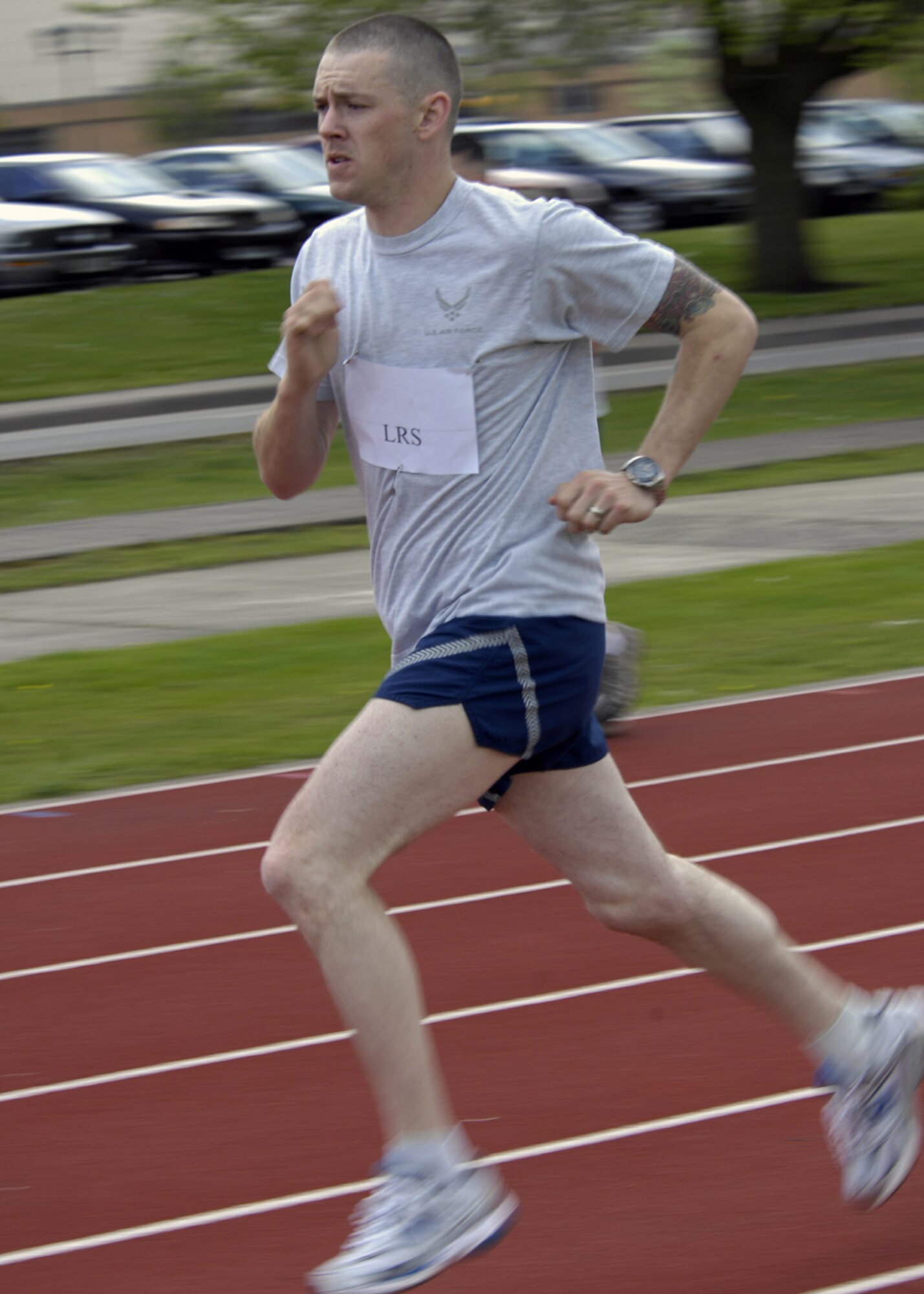 Staff Sgt. Casey McKinney, 48th Logistics Readiness Squadron Fuels Flight, runs during the Squadron 10 Hour Run May 2. (U.S. Air Force photo by Airman Perry Aston)