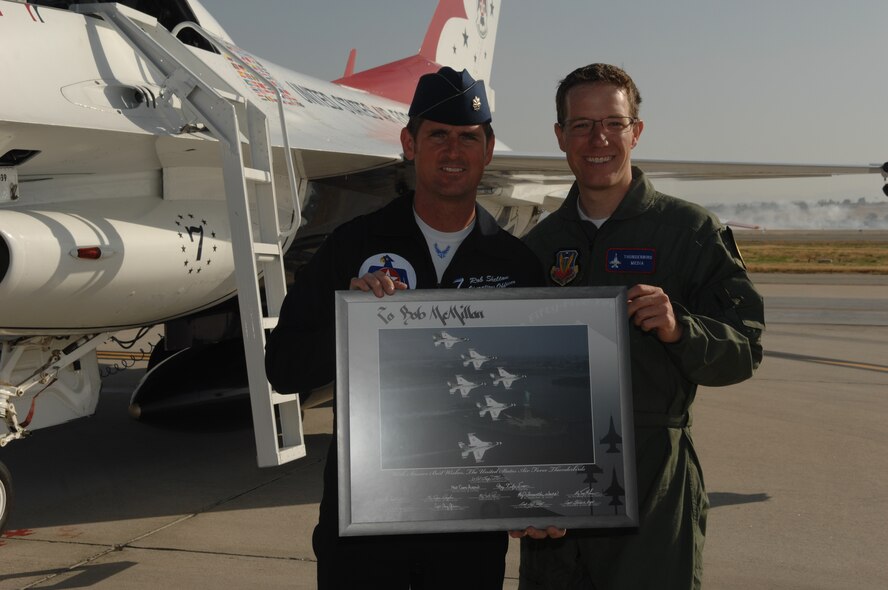 KABC-TV reporter Rob McMillan returns from his ride with the U.S. Air Force Thunderbirds during Air Fest '08 at March Air Reserve Base. (U.S. Air Force photo by Staff Sgt. Kristi Machado) 
