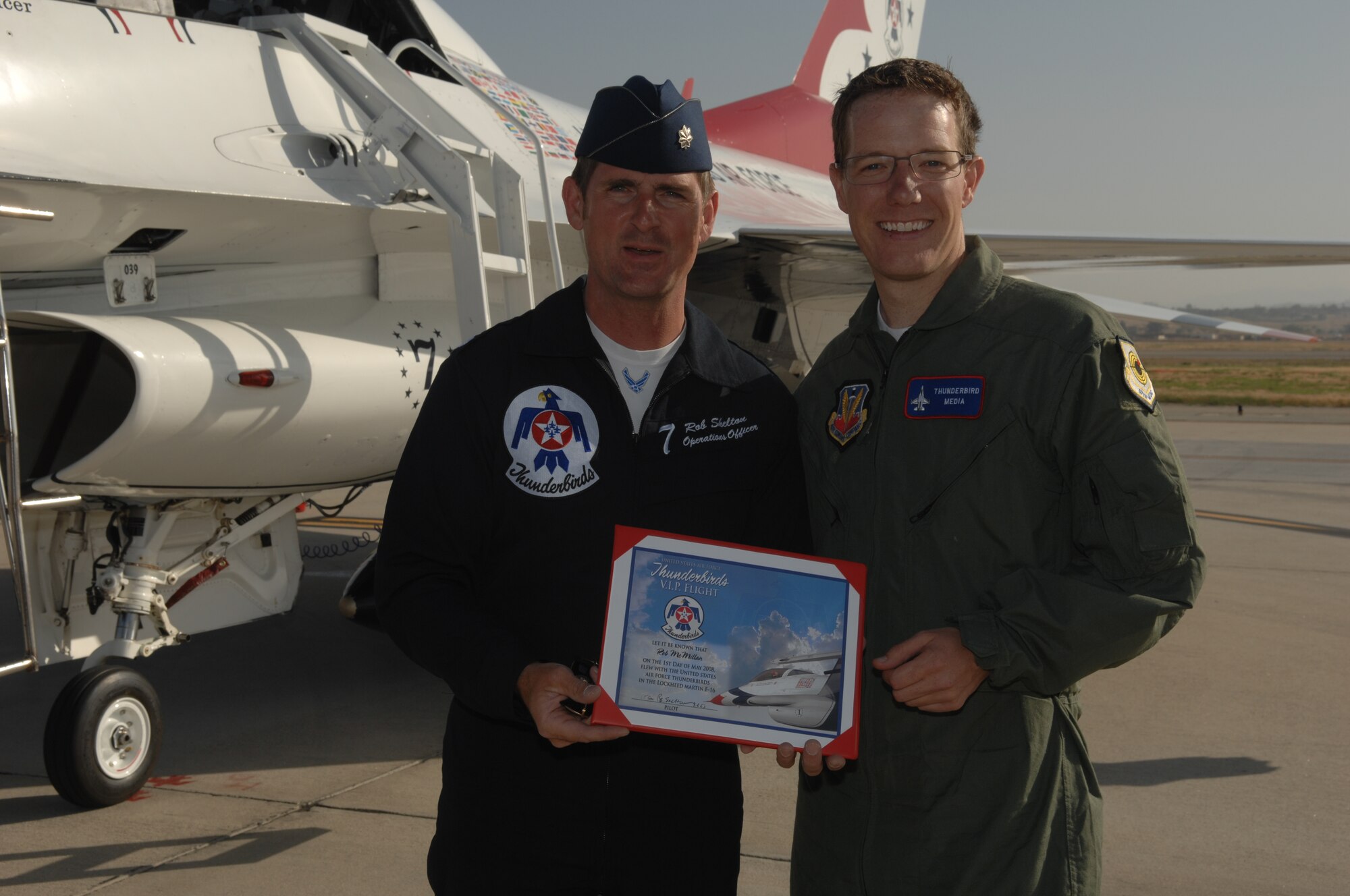 KABC-TV reporter Rob McMillan returns from his ride with the U.S. Air Force Thunderbirds during Air Fest '08 at March Air Reserve Base. (U.S. Air Force photo by Staff Sgt. Kristi Machado) 
