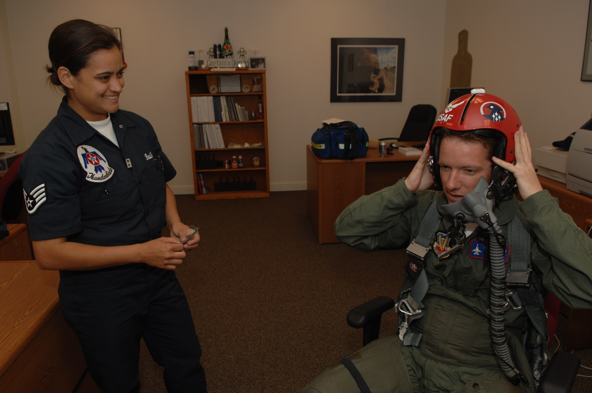 KABC-TV reporter Rob McMillan prepares for his ride with the U.S. Air Force Thunderbirds during Air Fest '08 at March Air Reserve Base.  (U.S. Air Force photo by Staff Sgt. Kristi Machado)