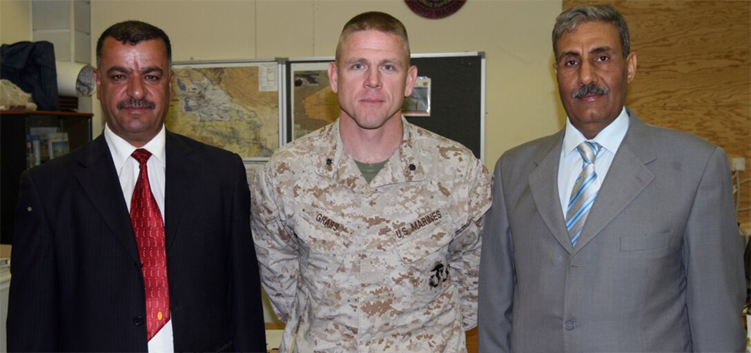 Lt. Col. Steven J. Grass, the battalion commander for Task Force 2nd Battalion, 2nd Marine Regiment, Regimental Combat Team 5, meets with the mayor of Al Qa'im, Farhan Tekan Farhan (right), and the district manager of Ramanah, Rafi' Harbi Khalif (left), May 5. The 'Warlords,' the nickname for the battalion, now occupy the area of operations after completing a transfer of authority with 3rd Battalion, 2nd Marine Regiment.