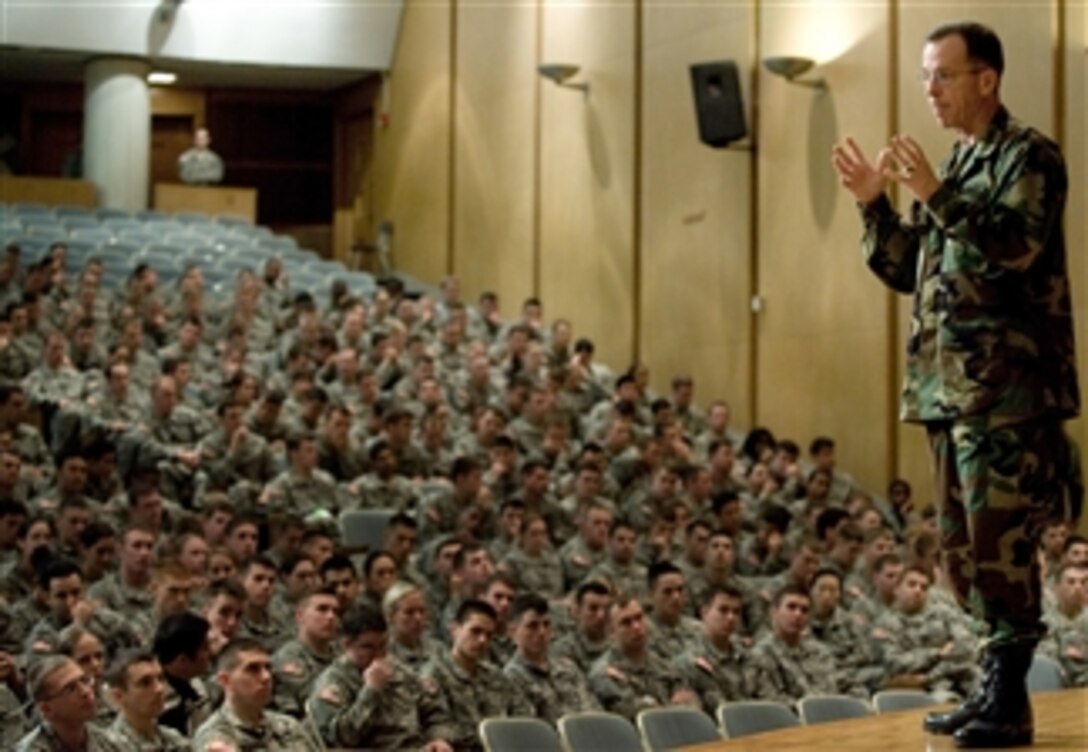Navy Adm. Mike Mullen, chairman of the Joint Chiefs of Staff, speaks to graduating cadets of the United States Military Academy Class of 2008, West Point, N.Y., May 2, 2008. Mullen shared his thoughts on serving in the military with the future Army officers.