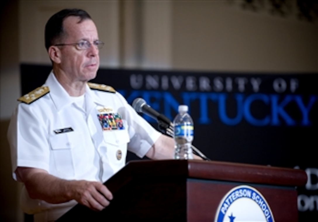 Navy Adm. Mike Mullen, chairman of the Joint Chiefs of Staff, addresses graduating students at the University of Kentucky's Patterson School for Diplomacy and International Commerce in Lexington, Ky., May 2, 2008.
