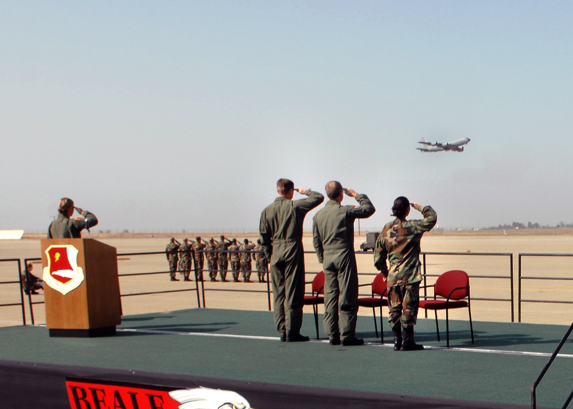 Leadership and aircraft maintainers from the Air Force Reserve's 940th Air Refueling Wing salute one of the last two KC-135 Stratotankers assigned to Beale Air Force Base, Calif., as the jets depart for their new home with the 916th ARW, Seymour Johnson AFB, N.C. during a ceremony May 3, 2008.  The 940th is changing to emerging command and control missions, including the unmanned RQ-4 Global Hawk, as directed by the 2005 Base Realignment and Closure Commission.  The 940th flew the KC-135 for over 31 years at McClellan, Mather, and Beale AFBs. (U.S. Air Force photo/T.C. Perkins)