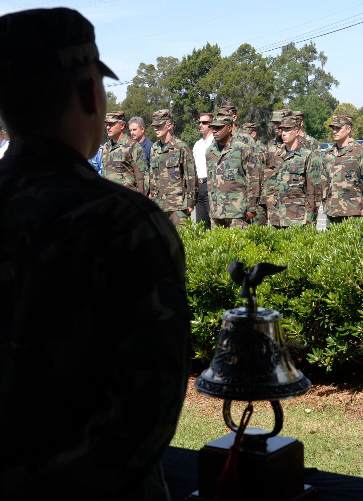 MOODY AIR FORCE BASE, Ga – Airman stand to pay tribute to fallen firefighter Senior Airman Jay Klatt here May, 5. Airman Klatt died from cancer May 1. (U.S. Air Force photo by Senior Airman Schelli Jones)