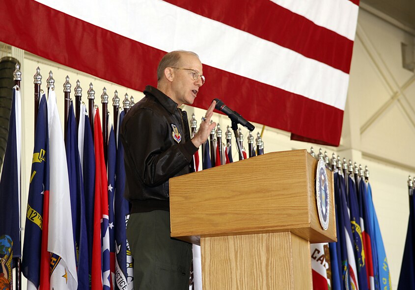 MINOT AIR FORCE BASE, N.D. -- Gen. John D.W. Corley, Air Combat Command commander, addresses Warbirds at the 5th Bomb Wing ALL-CALL here May 2. (U.S. Air Force photo by Airman 1st Class Jesse Lopez)