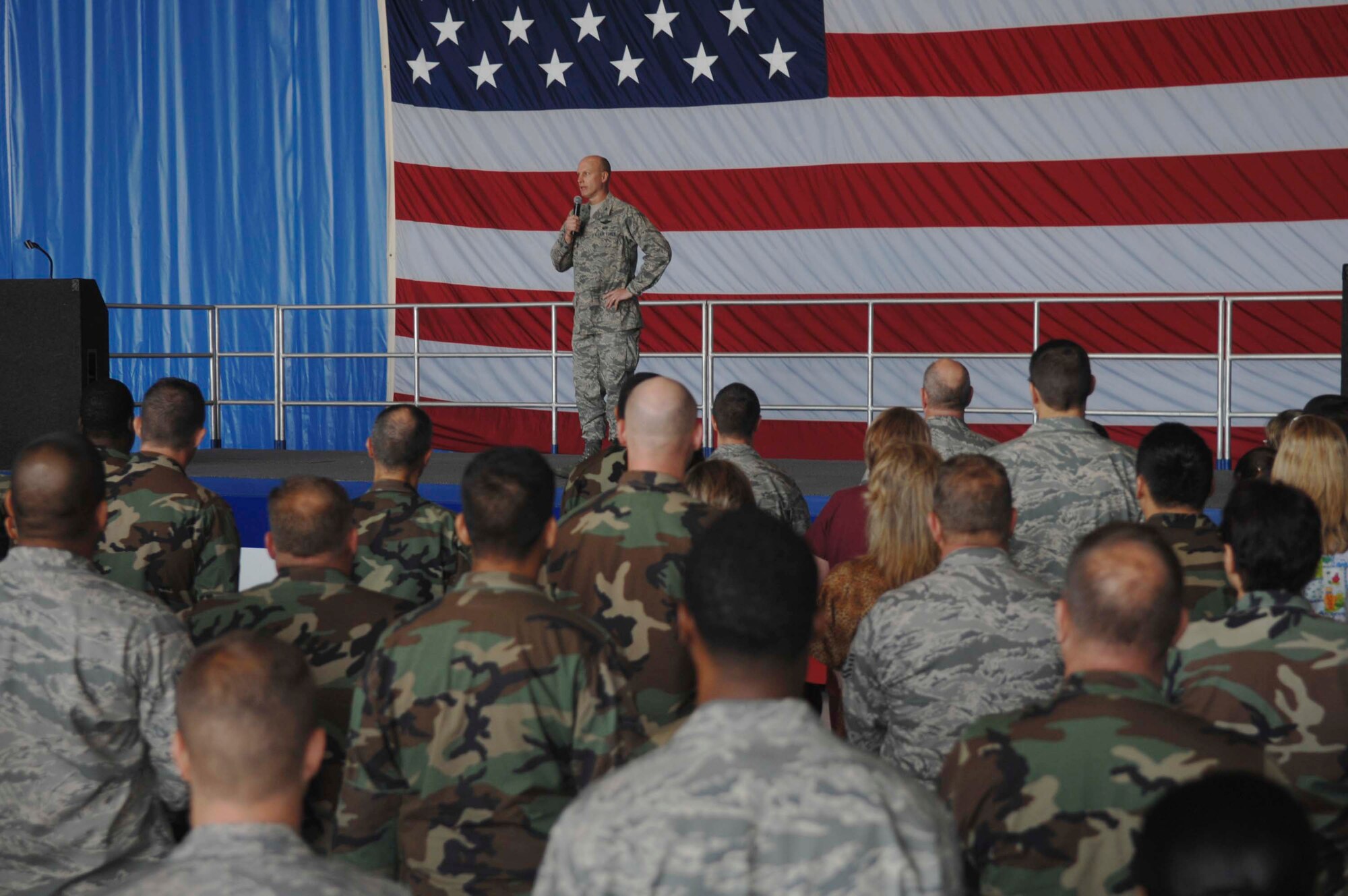 SHAW AIR FORCE BASE, S.C.-- Col. James Post, 20th Fighter Wing commander, briefed the importance of safety and the upcoming activities for Safety Day May 2. Safety Day is an opportunity for Shaw members to prepare for 101 critical days of summer with information on everything from outdoor activities to installing a child safety seat. (U.S. Air Force photo/Staff Sgt. Nathan Bevier)