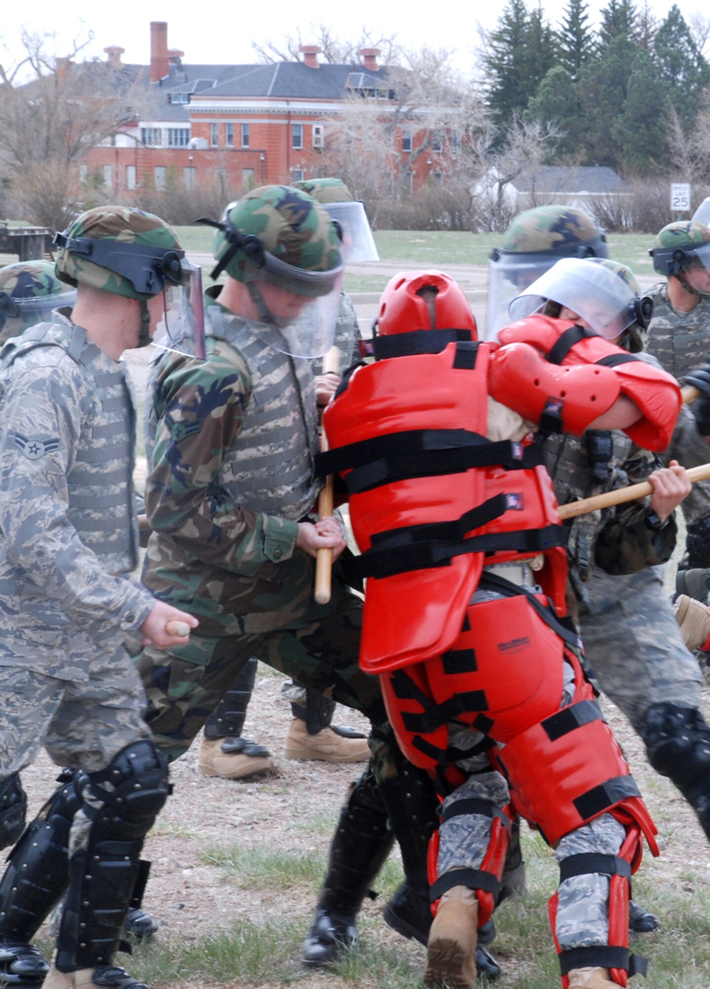 One “aggressor” tries to break the 90th MSFS Flight One confrontation formation during the training. If a protestor was to use force the security forces Airmen are allowed to retaliate to protect themselves as a last resort.