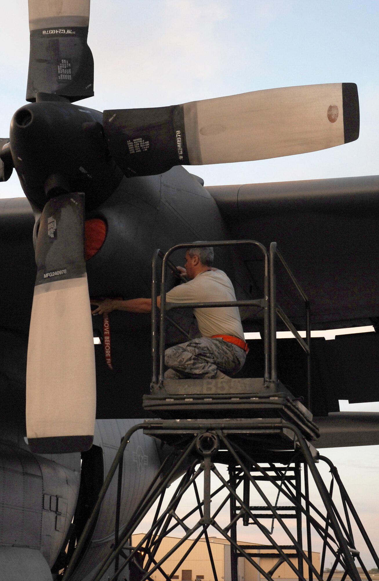 CANNON AIR FORCE BASE, N.M.-- Tech. Sgt. Michael White, 27th Special Operations Aircraft Maintenance Squadron, performs a pre-flight inspection on an MC-130W Combat Spear prior to taking off for a night flying mission April 29.  The MC-130W performs missions primarily at night to reduce operational risk. (U.S. Air Force photo/Airman 1st Class Liliana Moreno)  