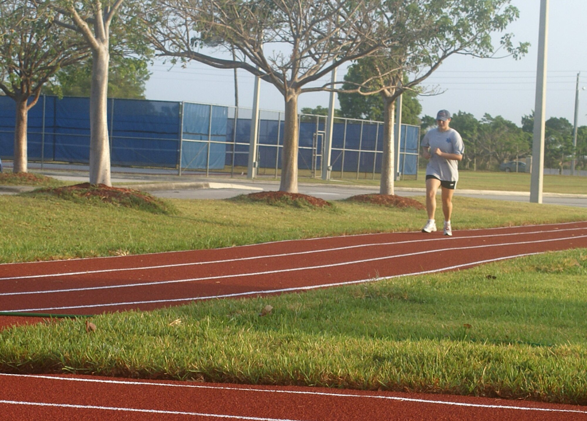 Homestead Air Reserve Base’s newest amenity, an Olympic-style running track that circles the softball field, has become a comfortable and safe respite for the runners and joggers across the base. The track is equipped with a rubberized surface cushioning the impact from each step, causing less “wear and tear” than from running on concrete.  And it’s a safer option for runners who wish to stay off the roads. “People love it. I’ve gotten rave reviews,” said Mr. Herb Tiedemann, Sam Johnson Fitness Center Director. “It’s easier on the ankles, knees and lower back.” (U.S. Air Force photo)