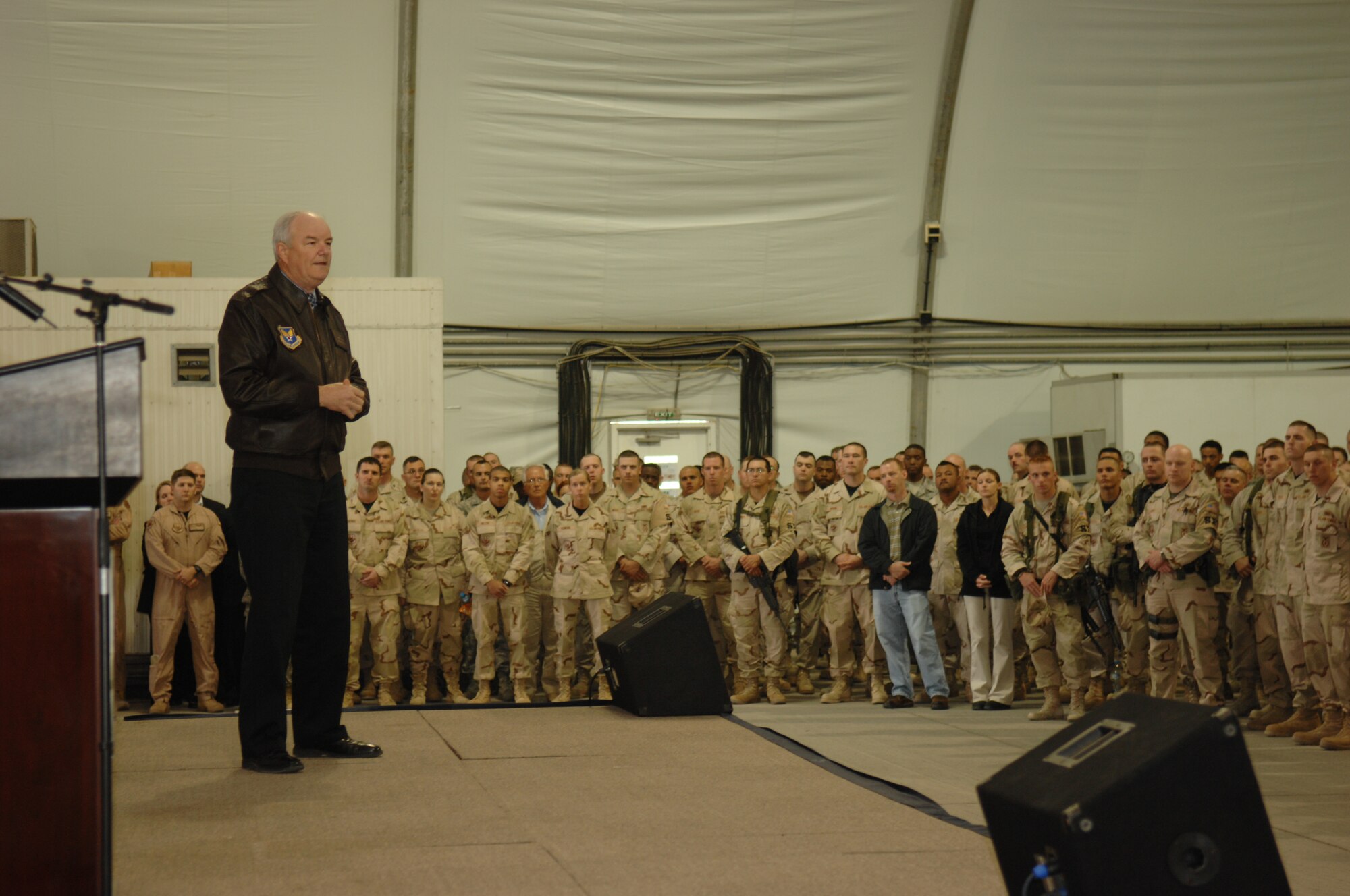 Hon. Michael Wynne, Secretary of the Air Force, holds an Airman's call at the 380th Air Expeditionary Wing Feb. 3. 