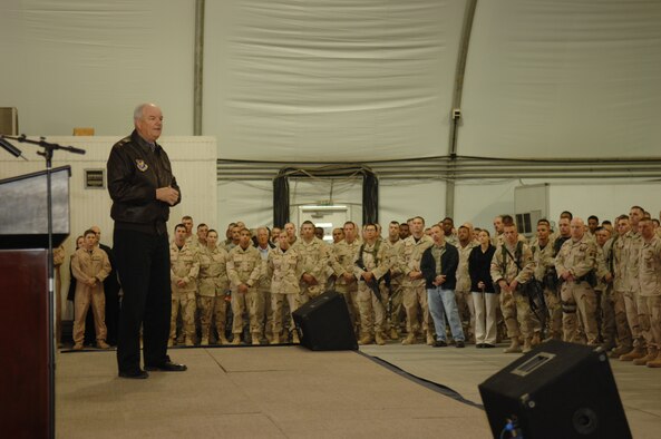 Hon. Michael Wynne, Secretary of the Air Force, holds an Airman's call at the 380th Air Expeditionary Wing Feb. 3. 