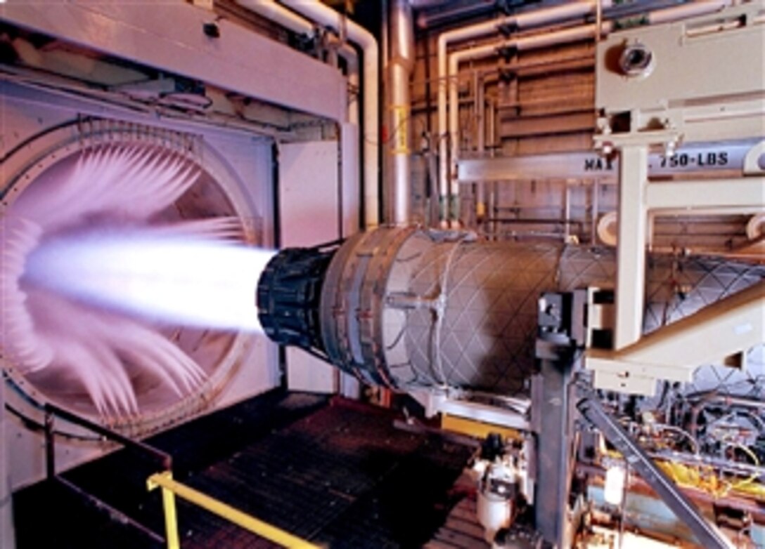 A Pratt and Whitney F100 engine, the powerplant for the F-15 Eagle and F-16 Fighting Falcon, undergoes sea level testing in Arnold Engineering Development Center's Propulsion Development Test Cell J-2 on Arnold Air Force Base, Tenn, April 30, 2008.