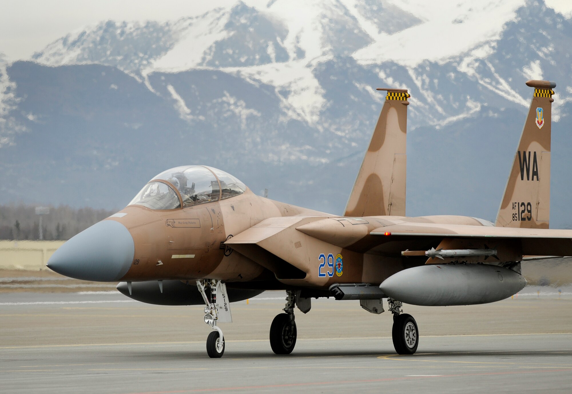 ELMENDORF AIR FORCE BASE, ALASKA -- A deployed F-15 from Nellis Air Force Base, Nev. taxis down the runway during Northern Edge '08 May 6. Northern Edge 2008, the largest military training exercise in Alaska, began May 5 with roughly 5,000 U.S. active duty, national guard, and reserve component Airmen, Soldiers, Sailors, and Marine participants. More than 120 aircraft play a part in this air-centric Alaskan Command exercise. (U.S. Air Force photo/Master Sgt. Keith Brown)