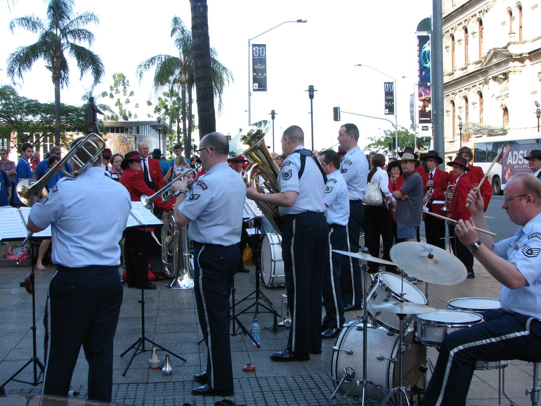 Alaska Brass performs for Sydney parade participants downtown Sydney, Australia
